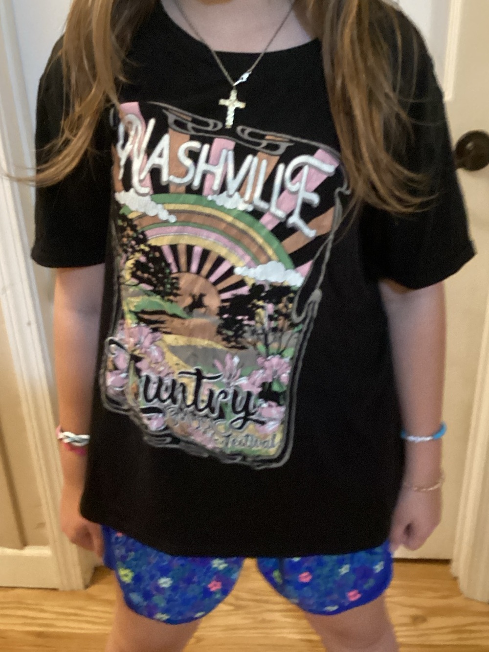 Time and Tru Black Nashville Graphic Tee with Pastel Rainbow